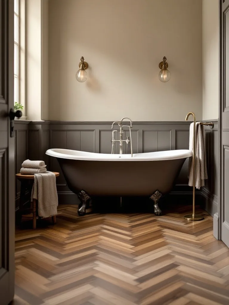 Victorian bathroom featuring wooden herringbone floor, freestanding tub, and stylish fixtures