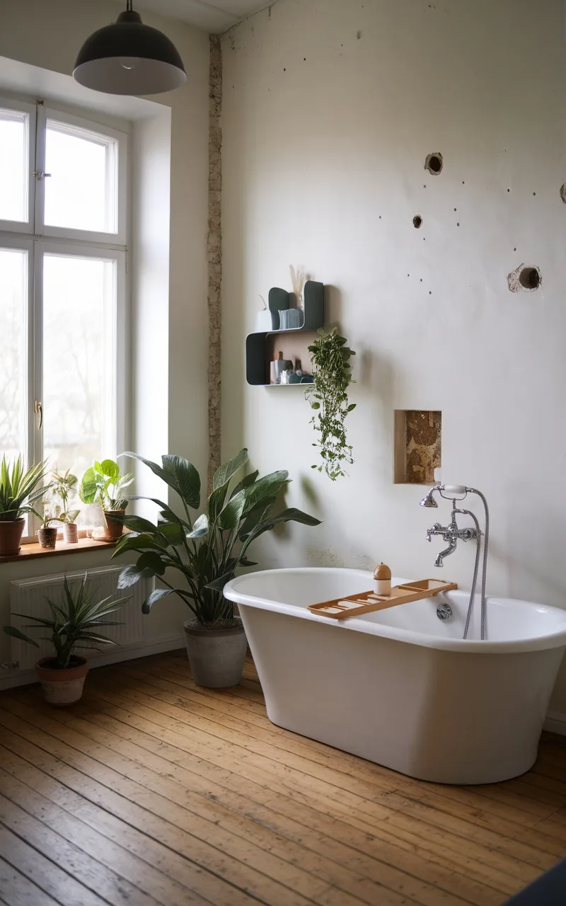 A stylish bathroom with wooden flooring, modern bathtub, and potted plants by the window.
