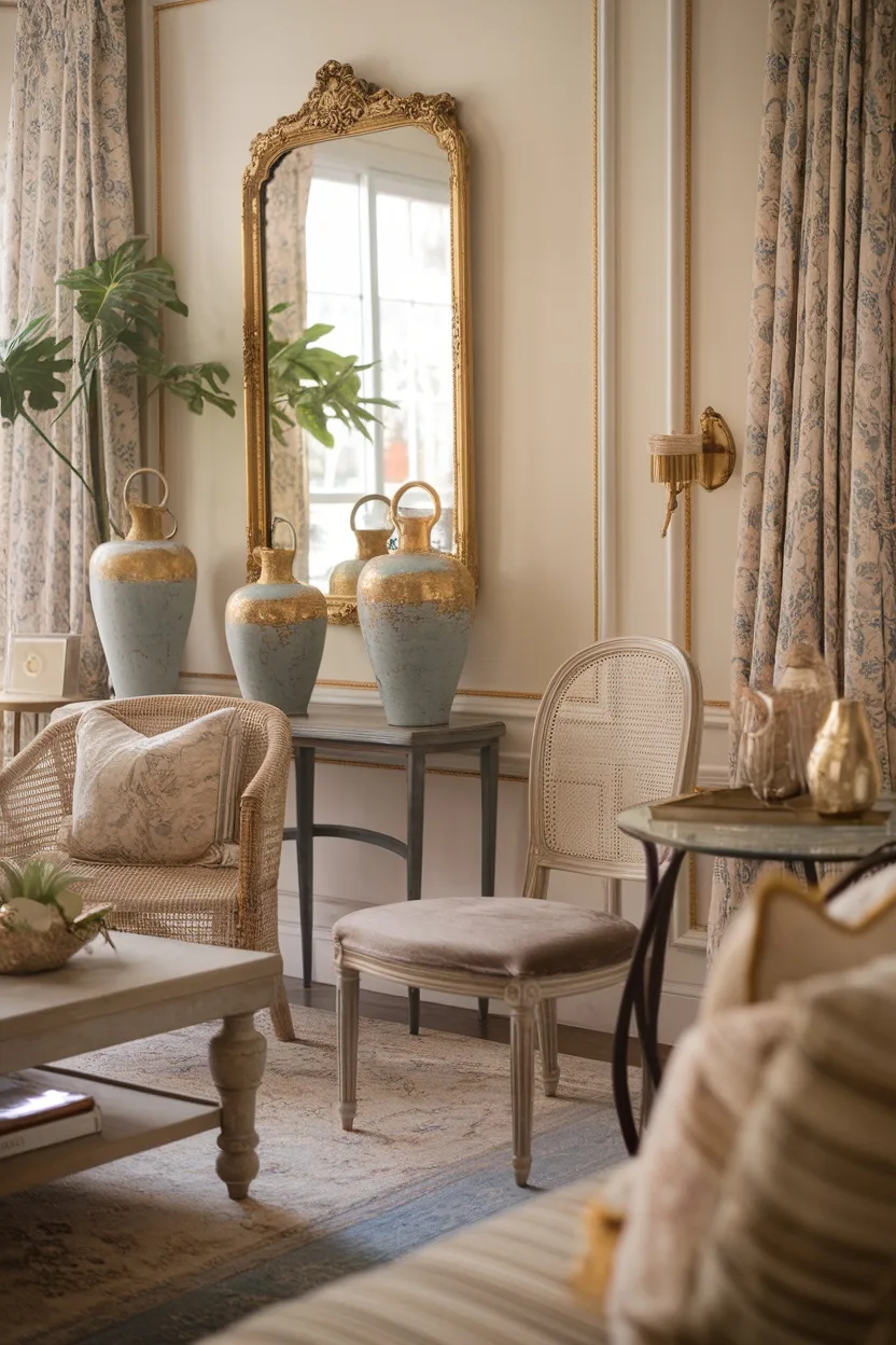 A French cottage interior featuring decorative gold accents, including vases and a mirror, in a cozy setting.
