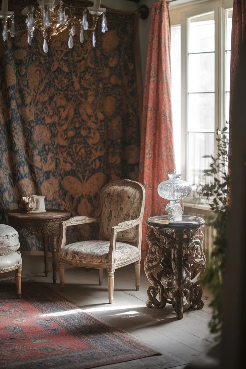 A cozy French cottage interior featuring ornate antiques, vintage chairs, a carved side table, and a rich tapestry.