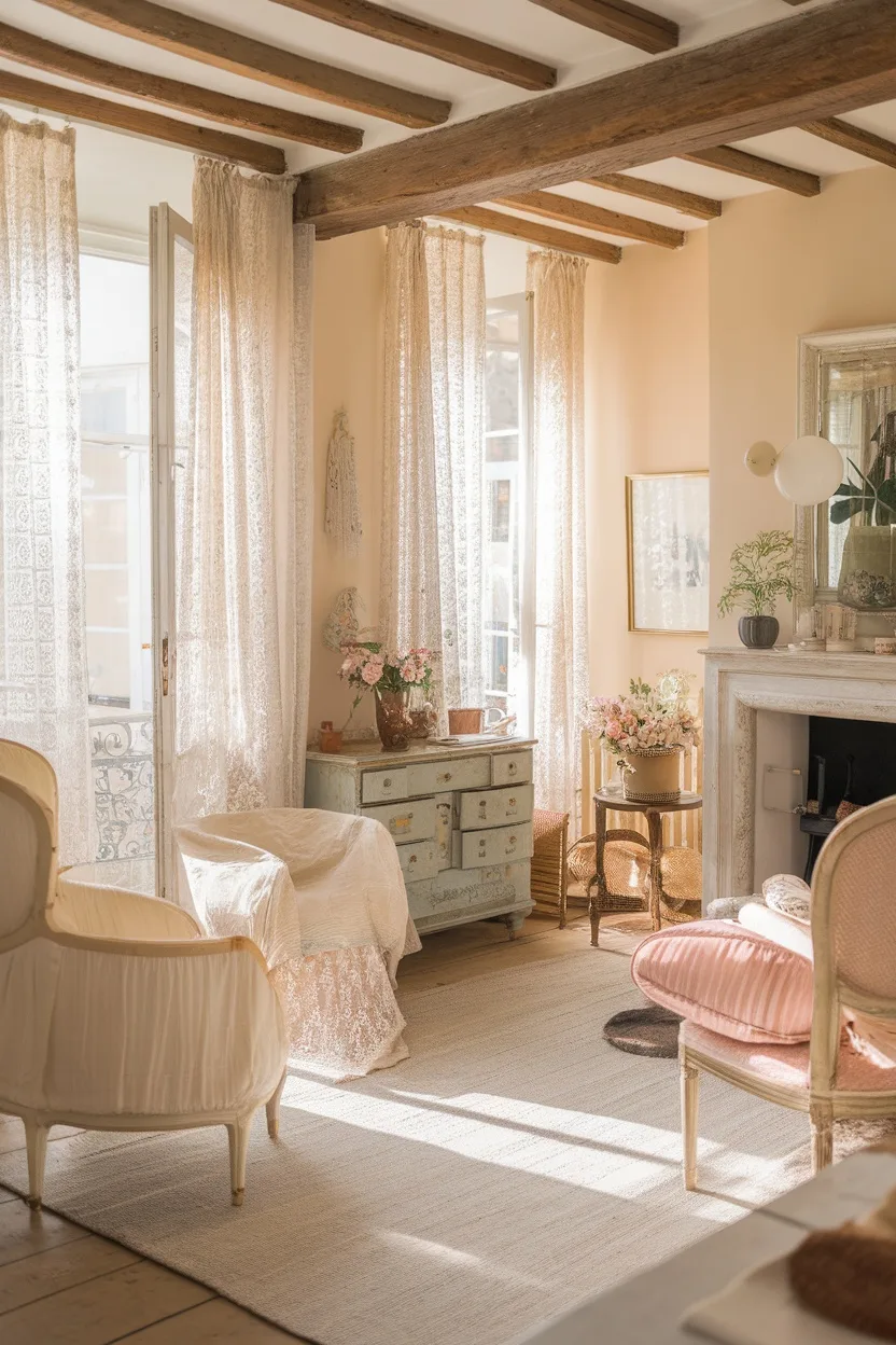 Cozy interior of a French cottage featuring vintage and modern elements.