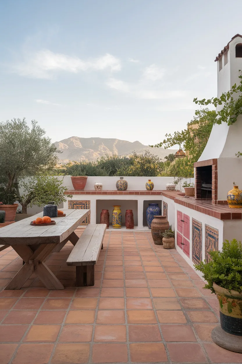 Outdoor kitchen with terracotta tiles, wooden table, vibrant pottery, and a mountain view.