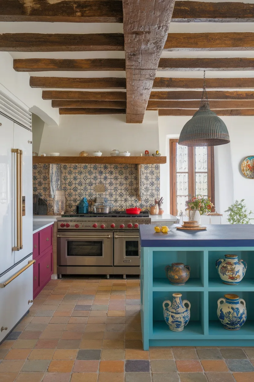 A kitchen featuring wooden beams, modern appliances, a blue island, and patterned tiles.