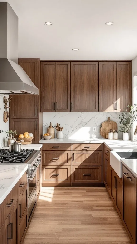 A modern kitchen featuring walnut cabinets and white marble countertops.