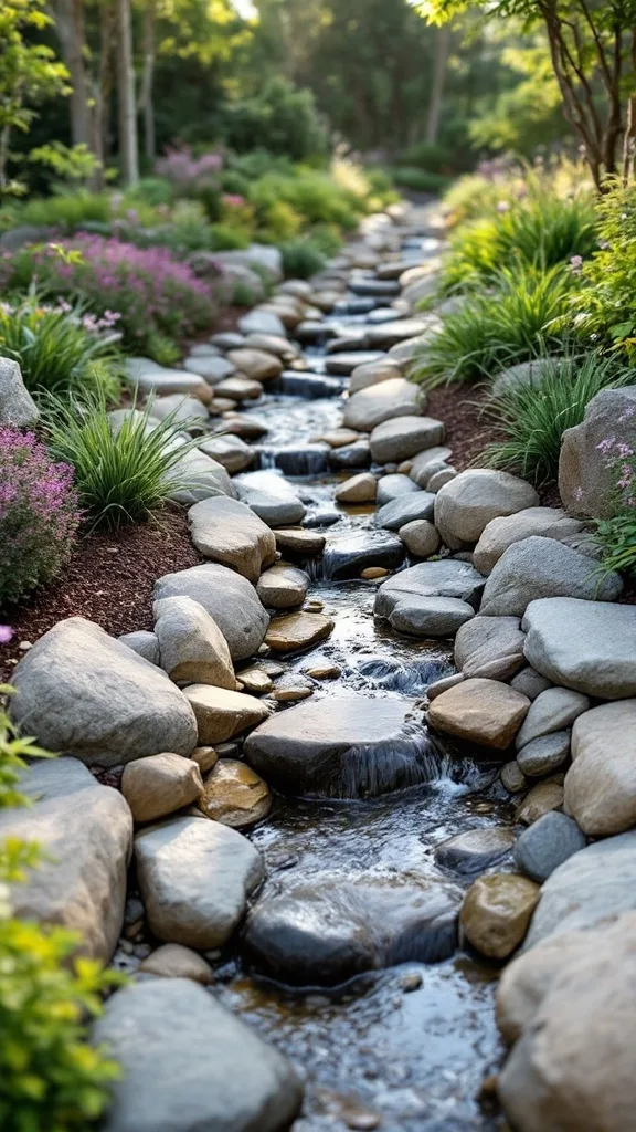 A dry creek bed with smooth river rocks, surrounded by greenery and mountains in the background.