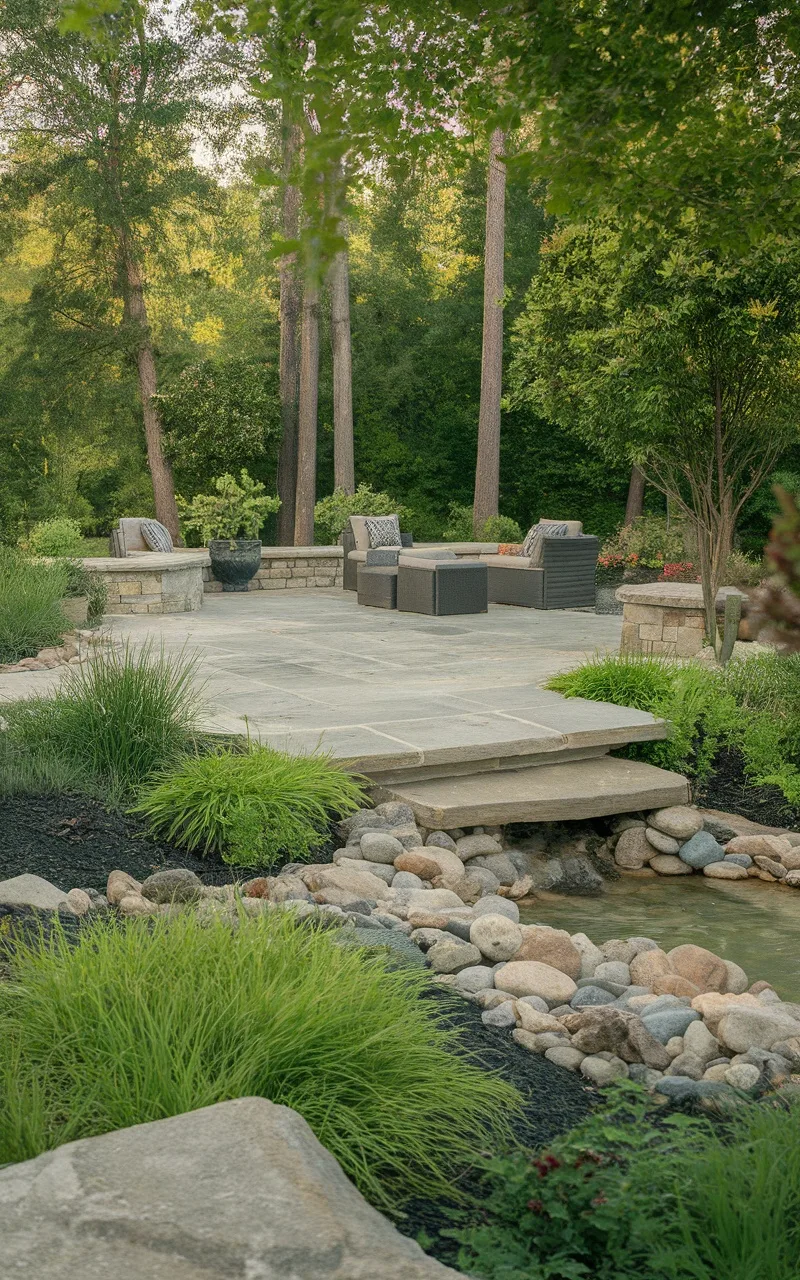 A serene backyard with river rock landscaping, featuring a seating area and lush greenery.