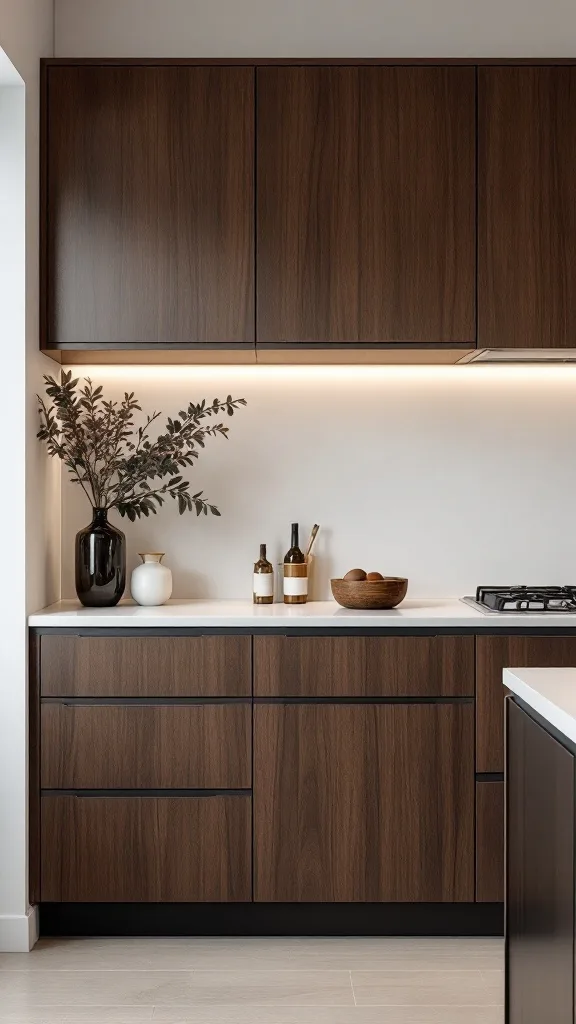 A modern kitchen with dark walnut cabinets and light walls.