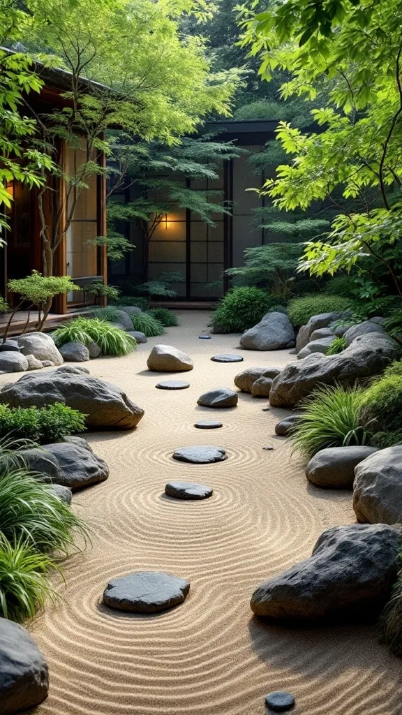 A serene Zen garden featuring river stones, carefully raked gravel, and vibrant green plants.