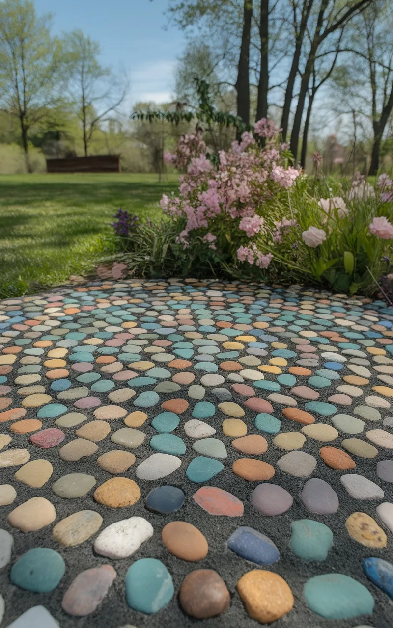 Colorful river rock mosaic design in a circular pattern with surrounding flowers and green grass