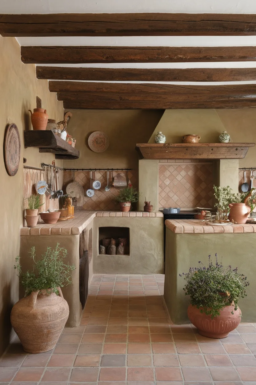 Spanish Mediterranean kitchen showcasing earthy color palette with terracotta tiles, wooden beams, and rustic decor.