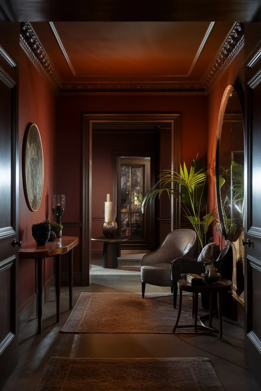 Dark and moody entryway with rich red walls and elegant furnishings