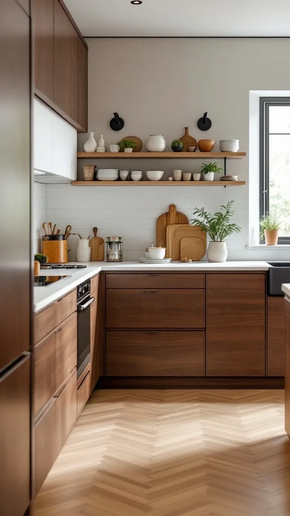 A modern kitchen featuring walnut cabinets and open shelving with various kitchenware.