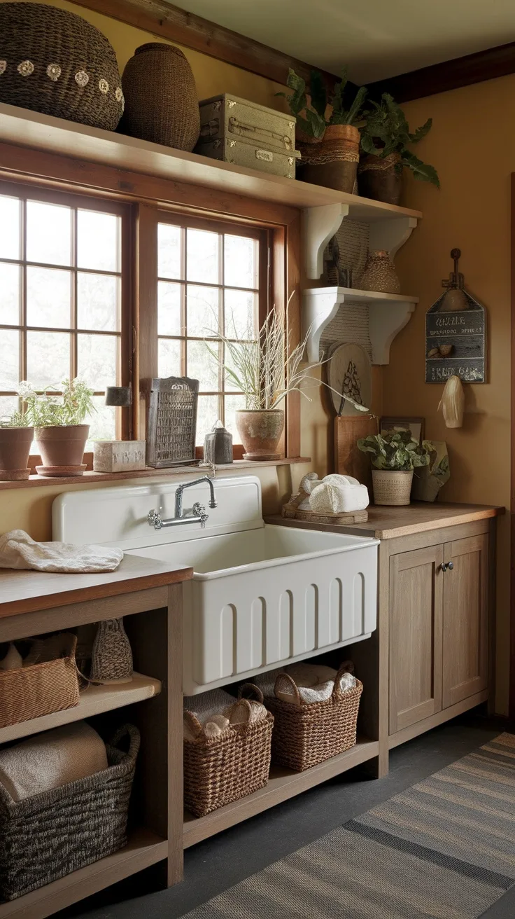 A vintage farmhouse laundry room featuring a white sink, wooden shelves, and decorative baskets.