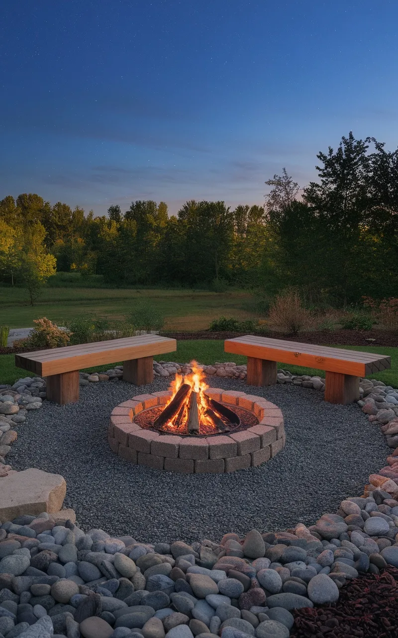 Cozy gravel fire pit area with wooden benches and surrounded by river rocks.