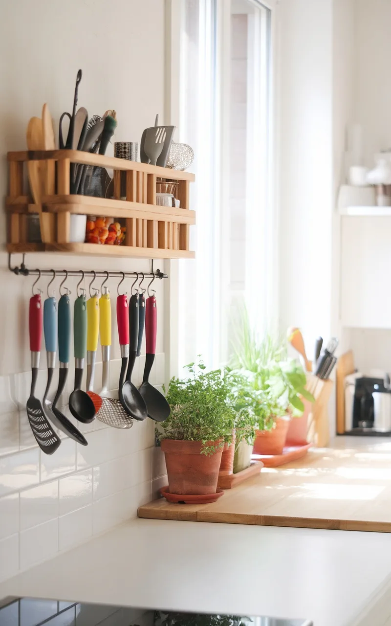A kitchen countertop with a hanging utensil rack displaying various colorful utensils and potted herbs.