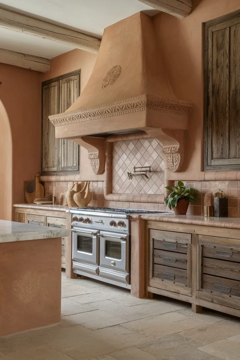 A Spanish Mediterranean kitchen featuring a detailed statement range hood and rustic wooden cabinets.
