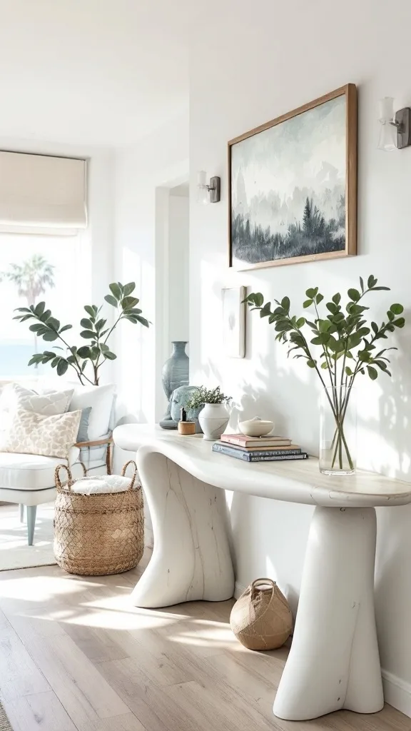 Surf-shaped console table with lamp and plants near large windows