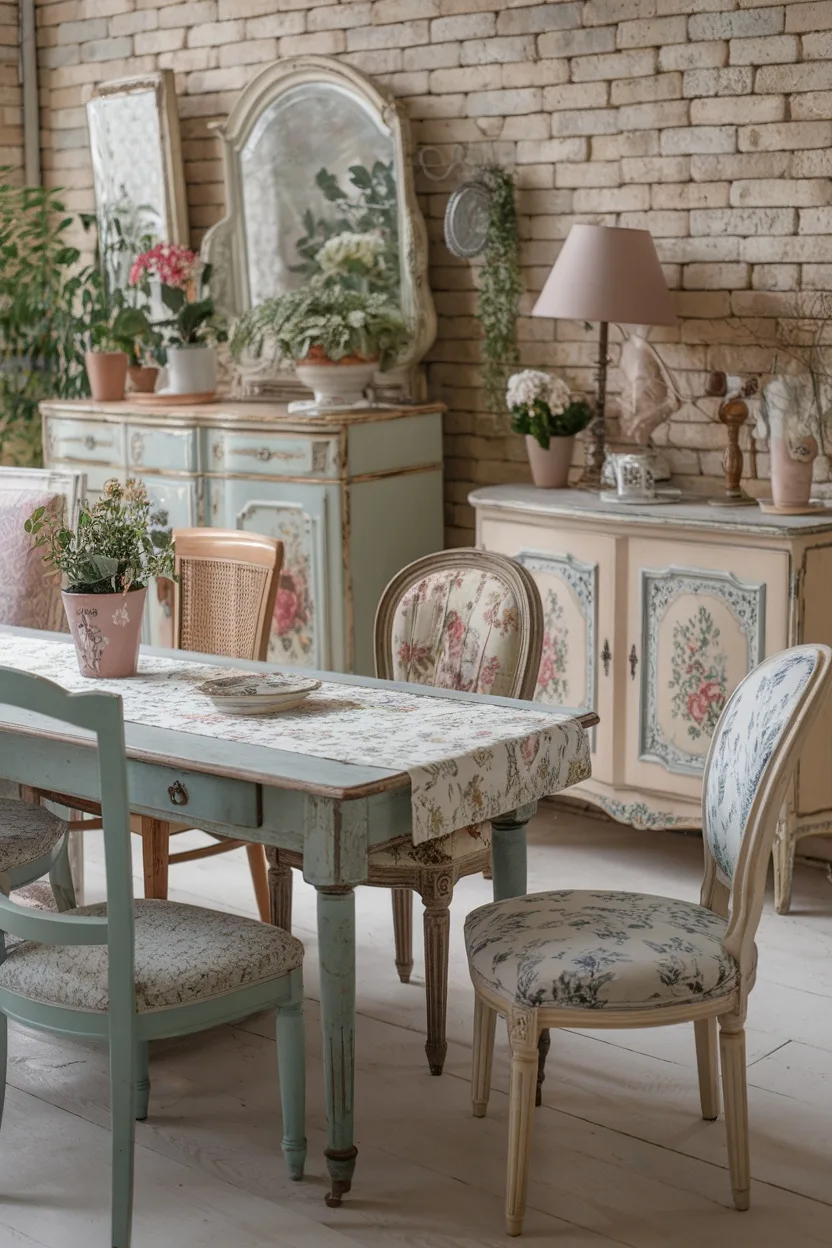 Cozy interior of a French cottage featuring repurposed furniture, including a blue dining table with cushioned floral chairs, decorative cabinets, and plants.