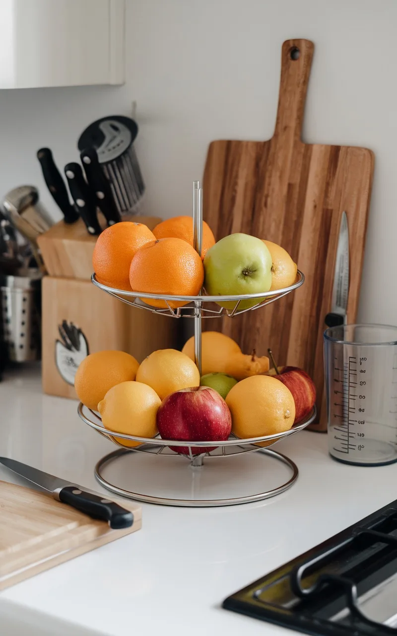 A tiered fruit holder filled with oranges, apples, and lemons on a kitchen countertop.