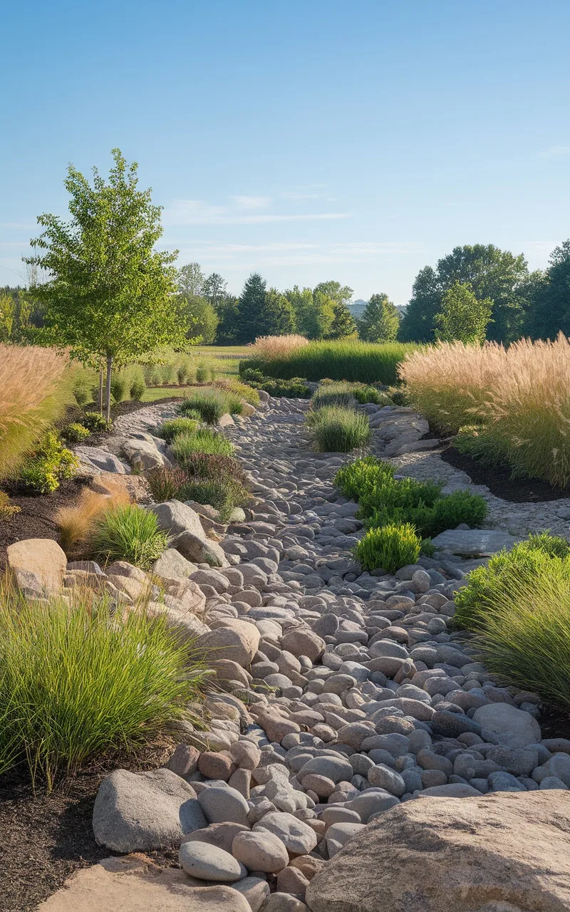 A landscaped area featuring a long dry creek bed filled with river rocks, flanked by grasses and shrubs.