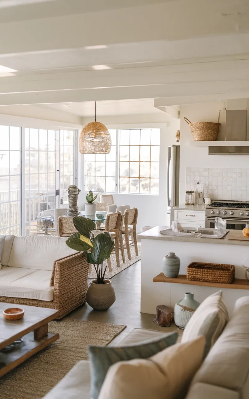 Bright and airy open floor plan with comfortable seating, dining area, and plants