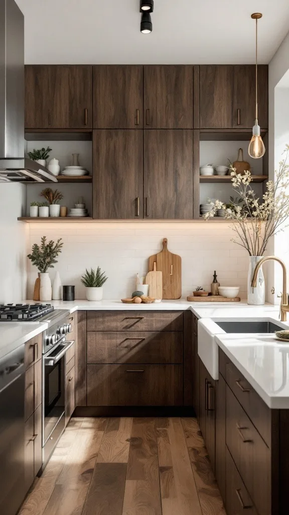 A modern kitchen featuring walnut cabinets and natural wood elements.