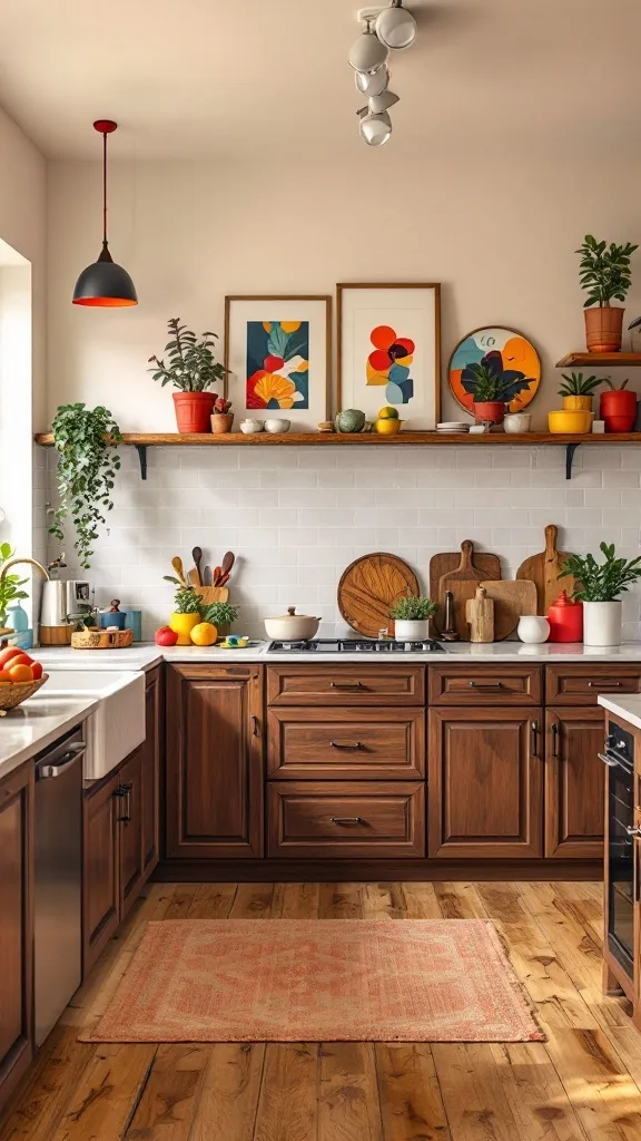 A stylish kitchen featuring walnut cabinets mixed with colorful decor.