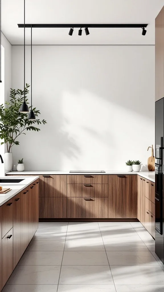 Modern kitchen with walnut cabinets and minimalist accents.