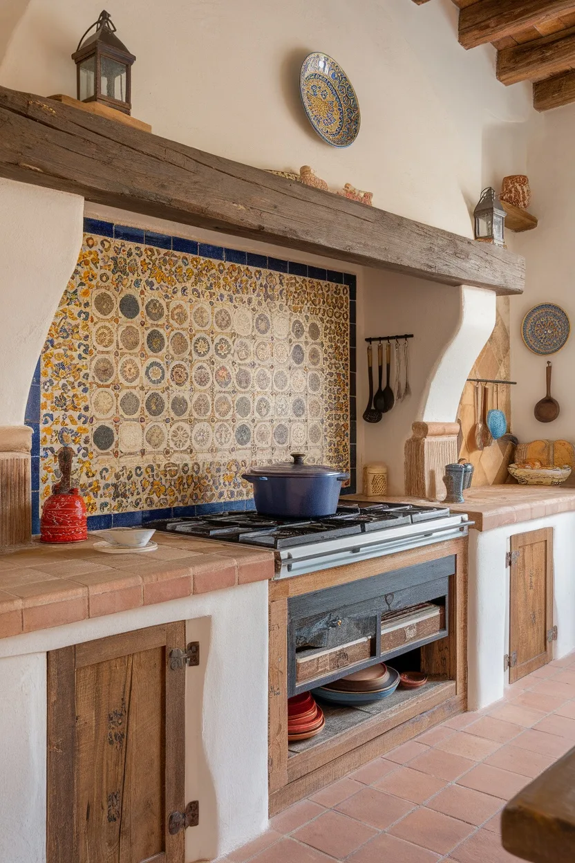Spanish Mediterranean kitchen with a colorful mosaic backsplash behind the stove.