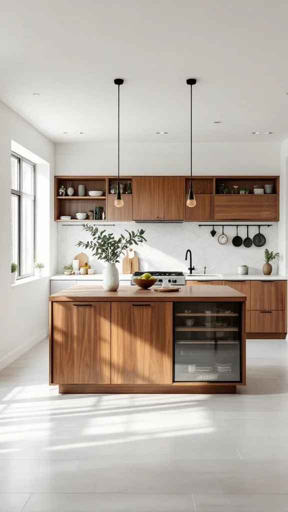 A modern kitchen featuring walnut cabinets and a walnut island, with bright lighting and minimal decor.