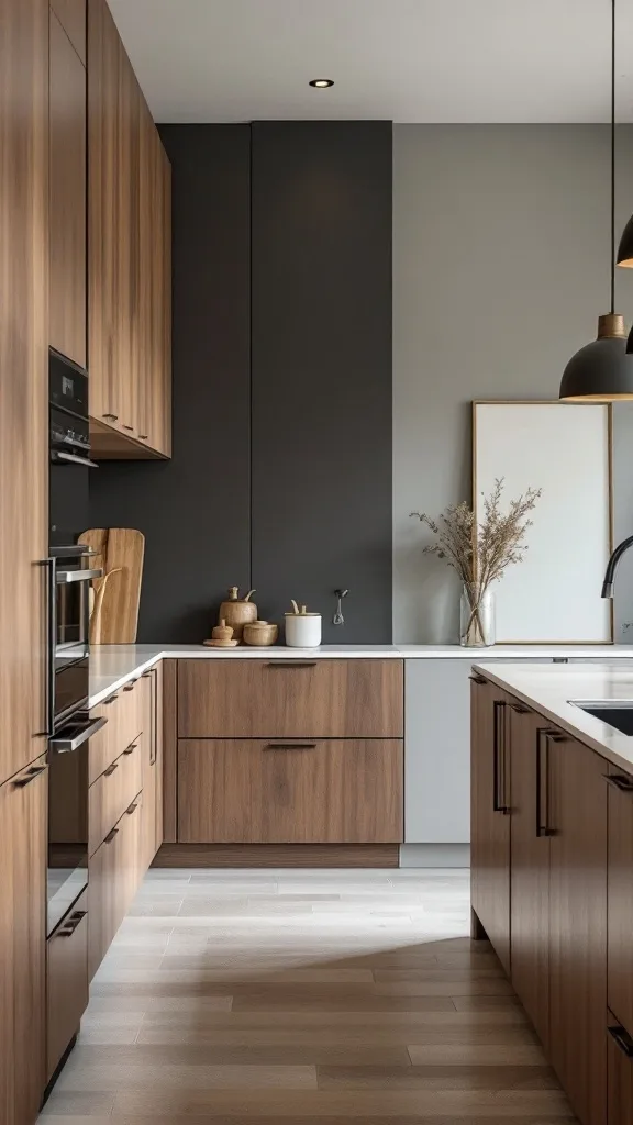 Modern kitchen with walnut cabinets and painted accent wall