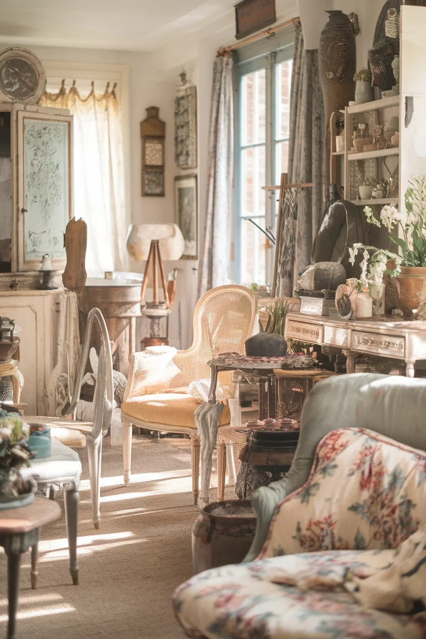 A bright and cozy interior of a French cottage filled with vintage furniture and decor