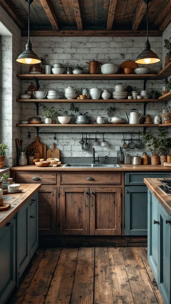 A rustic kitchen featuring walnut cabinets and open wooden shelves with various dishware and plants