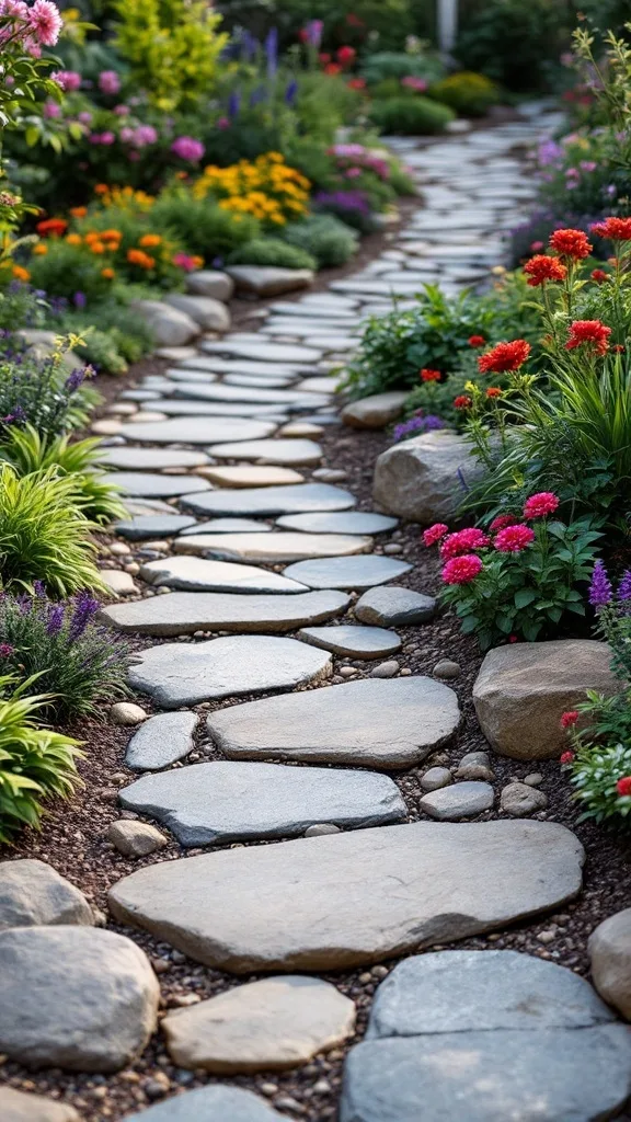 Winding rock pathway in a landscaped garden with colorful flowers