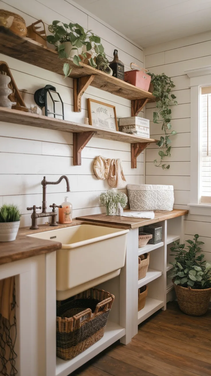 A vintage farmhouse laundry room with shiplap walls, wooden shelves, and decorative plants.