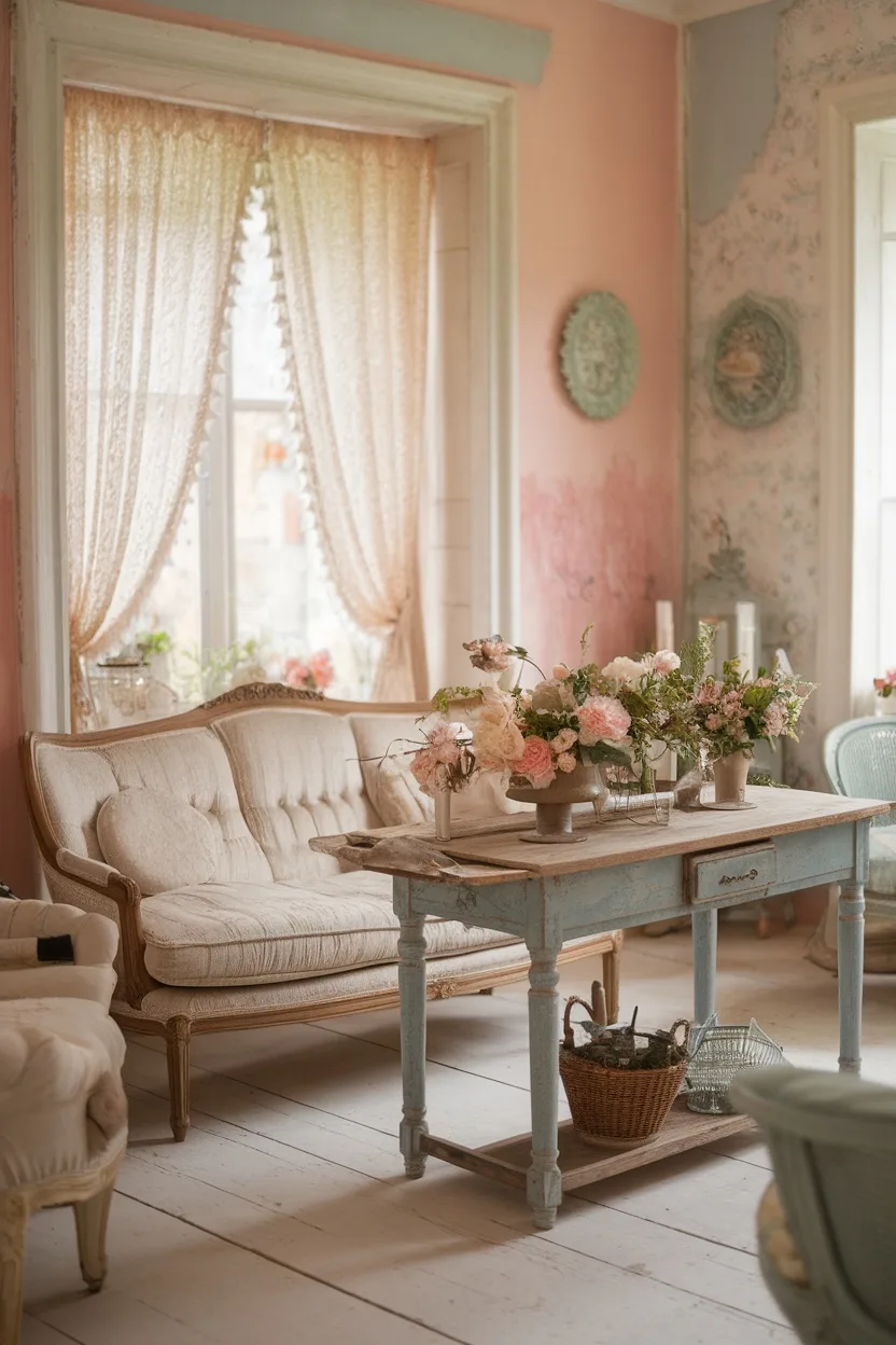 Interior of a French cottage featuring soft pink walls, lace curtains, a light sofa, and a blue rustic table with flowers.