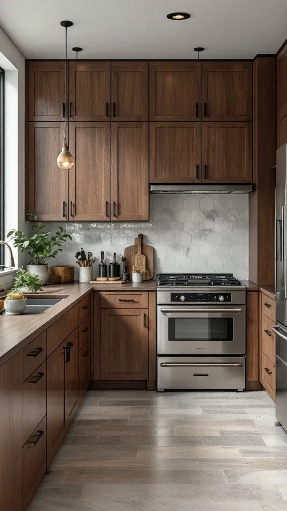 A modern kitchen featuring walnut cabinets and stainless steel appliances.