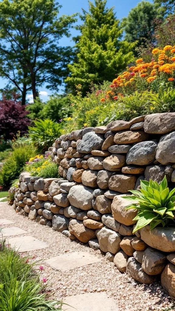 Curved river rock gabion wall surrounded by colorful flowers and greenery