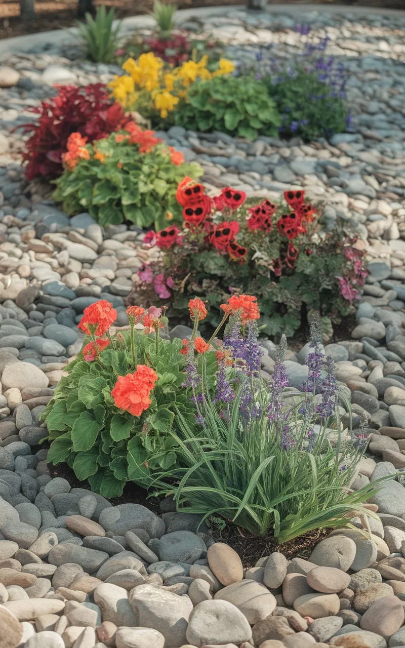 Colorful flowers surrounded by river rocks in a garden setting.