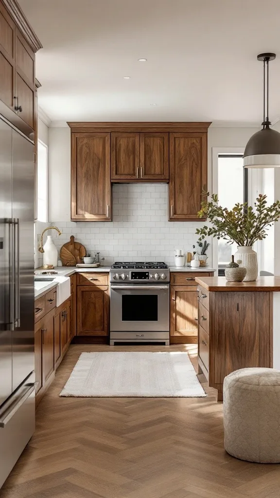 A modern kitchen featuring walnut cabinets and a light color palette.