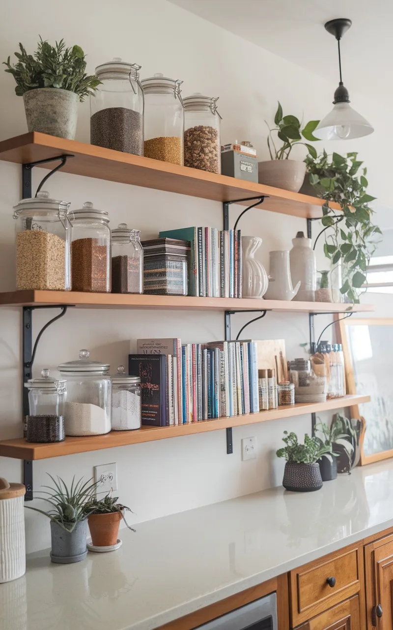 A clean kitchen countertop with floating shelves displaying jars, cookbooks, and plants.