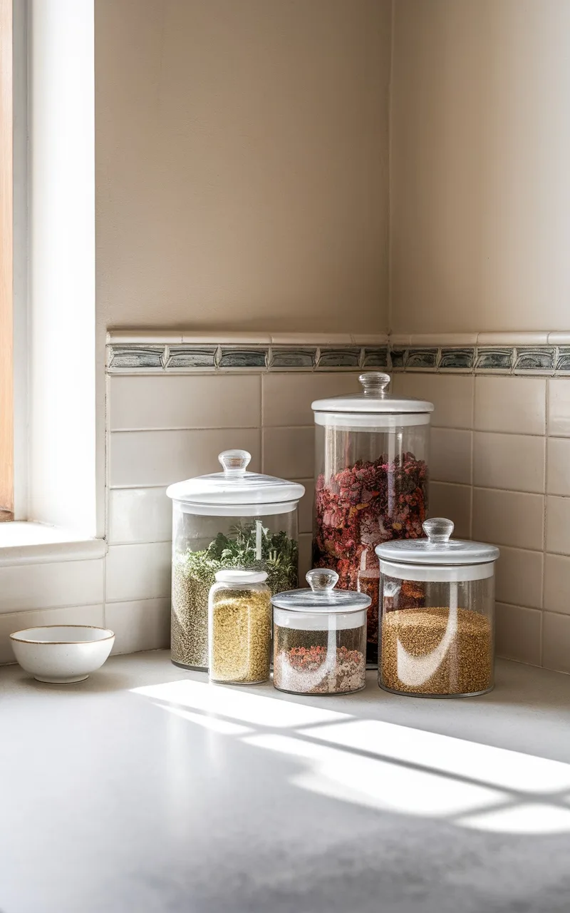 Glass canisters filled with herbs and spices on a kitchen countertop.
