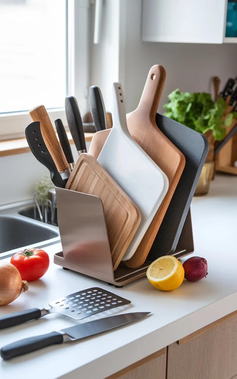A stylish chopping board holder with various chopping boards and knives on a clean kitchen countertop.