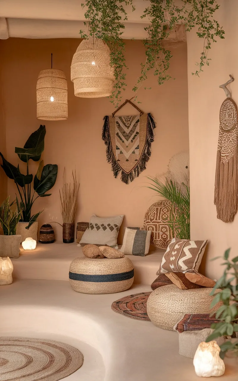 A cozy interior space featuring earth tones with woven textures, plants, and patterned cushions.
