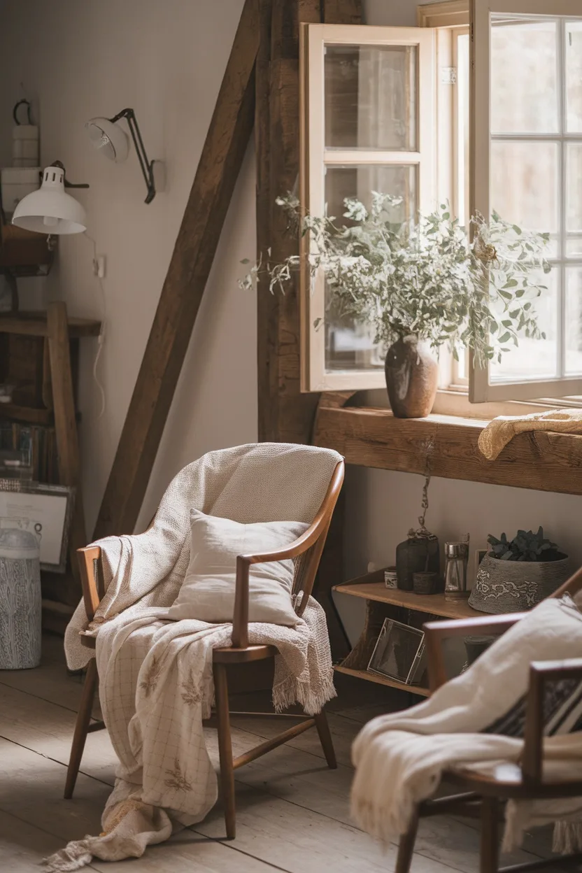 Cozy interior of a French cottage with wooden beams, a comfy chair draped in linen, and natural light coming through the window.