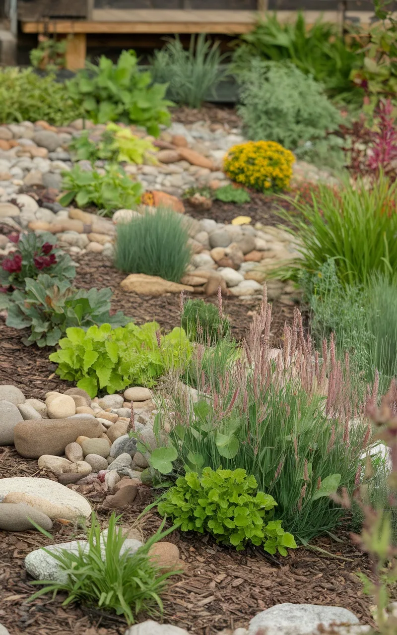 A landscaped garden featuring colorful plants and smooth river rocks, showcasing a beautiful blend for limiting weed growth.