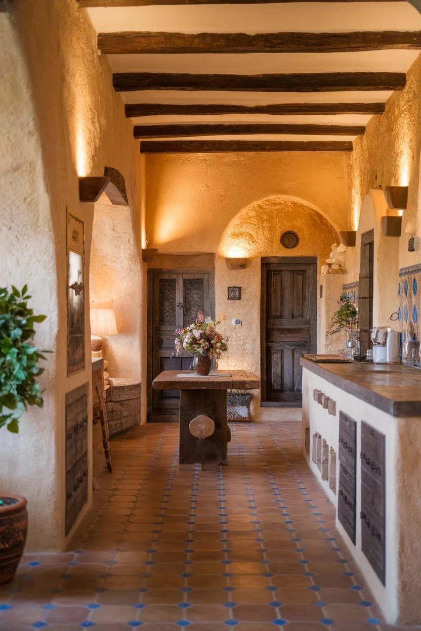 Interior of a Spanish Mediterranean kitchen featuring textured stucco walls, wooden beams, and a rustic table.