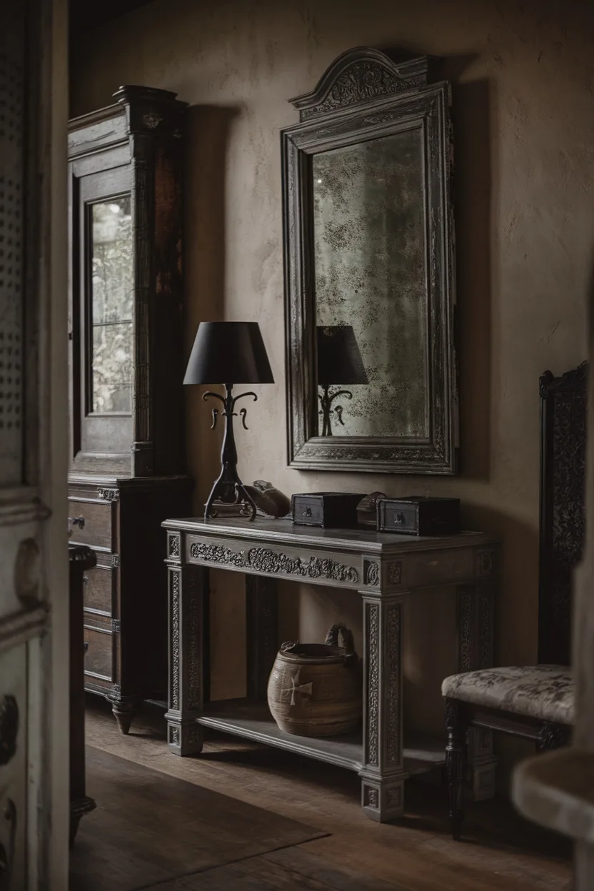 A dark and moody entryway featuring vintage furniture, including a detailed wooden table and a large ornate mirror.