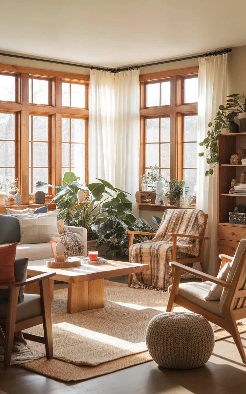 A bright living room with large windows, warm wood furniture, and indoor plants.