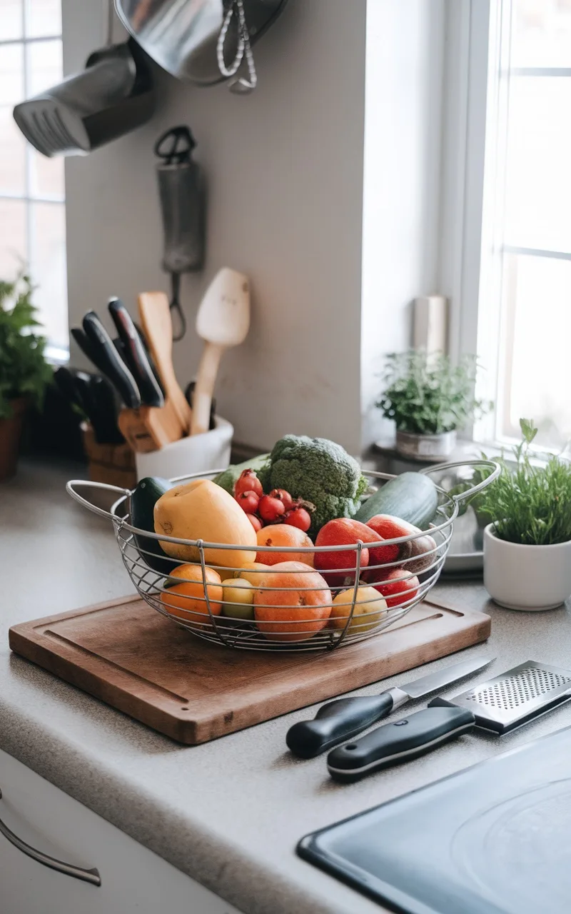 A wire basket filled with various fruits and vegetables on a kitchen countertop.